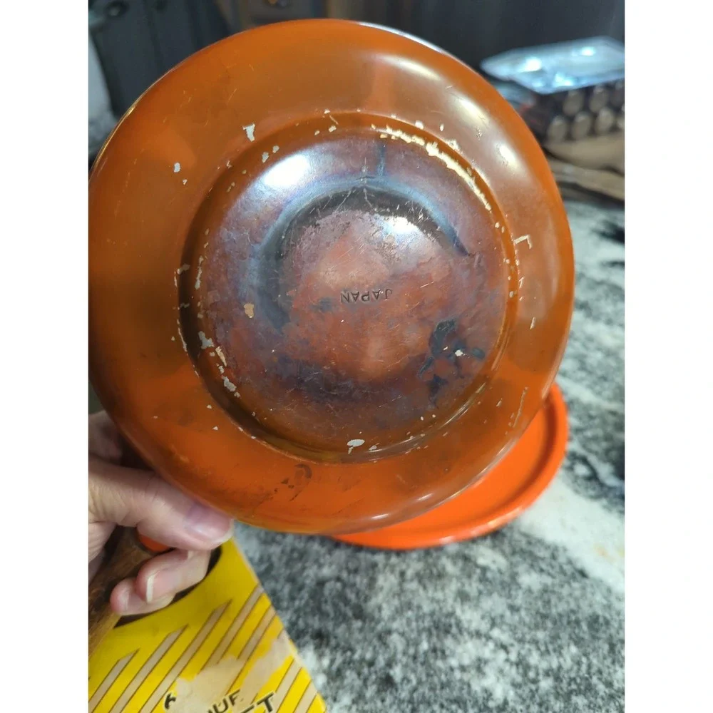 Vintage Mid Century Modern Orange Fondue Pot and 6 Pc Fork Set Kitchen Cookware